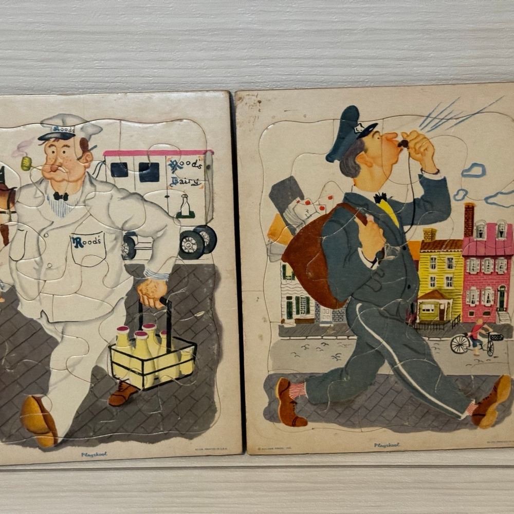 Vintage Playskool Inset Puzzles Milkman Mailman Made in USA Set of 2 MCM Folkart